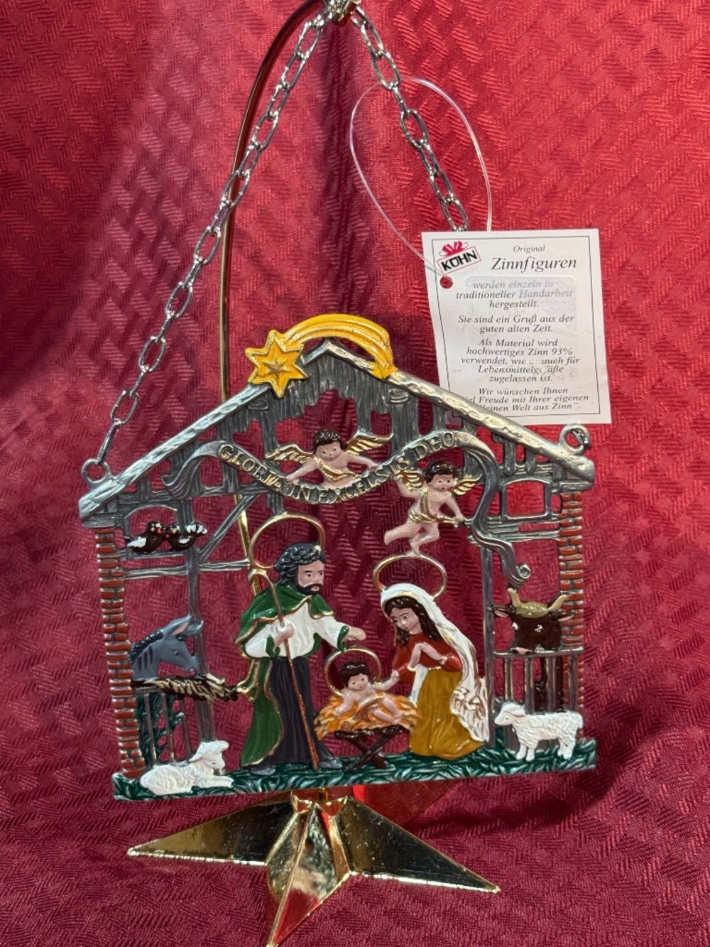 Kuhn-Zinn German Nativity Painted Pewter Christmas Ornament with Bit of History